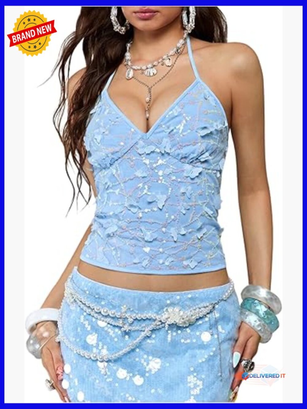 Sequin Halter Crop Top with 3D Butterfly Glitter